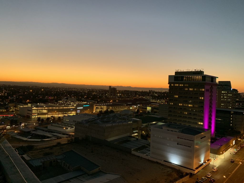 The view of Windhoek at dusk from the Hilton rooftop.