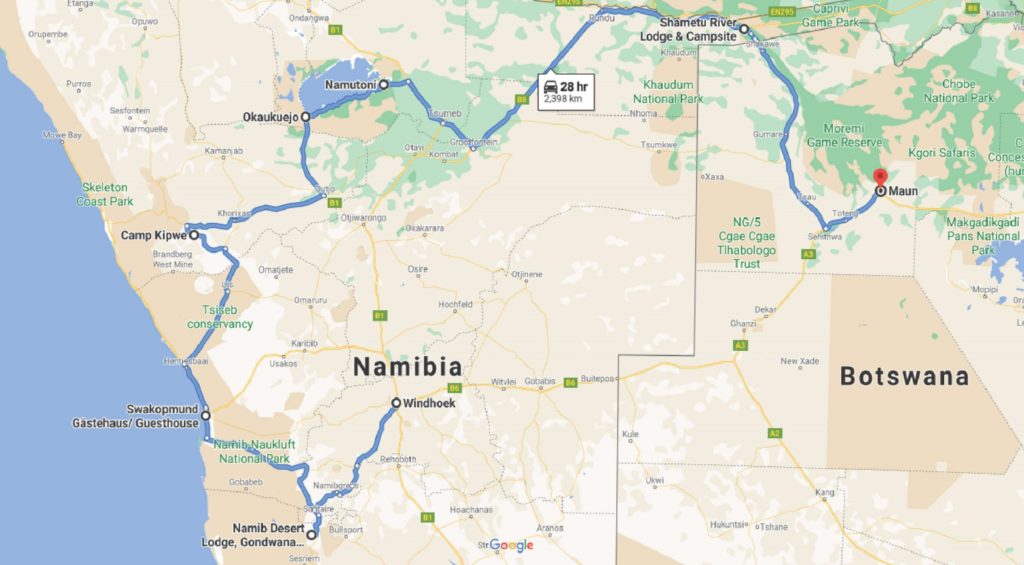 Two weeks driving route through Namibia shown on the map